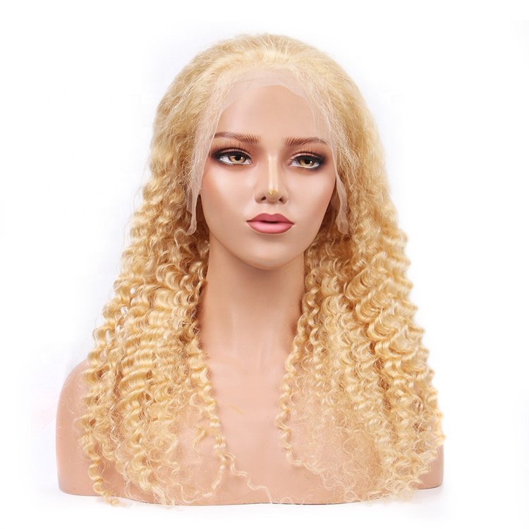 Stock 10"-30" virgin remy Brazilian human hair deep wave color 613# glueless 13x4 transparent lace front loose curly blonde wigs