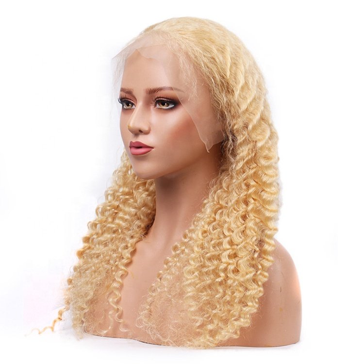 Stock 10"-30" virgin remy Brazilian human hair deep wave color 613# glueless 13x4 transparent lace front loose curly blonde wigs