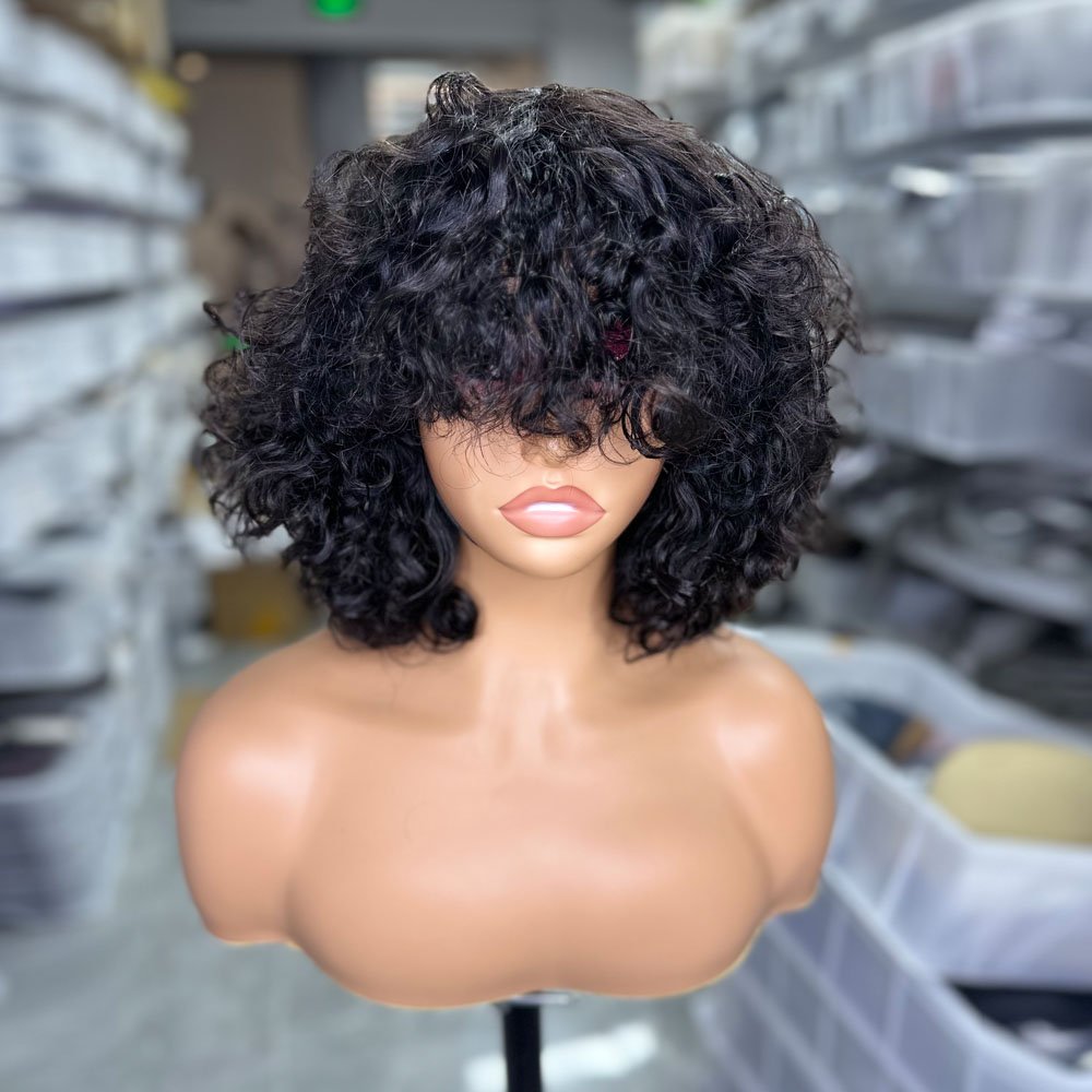 Goodluck Machine Made Curly Human Hair Bob Wigs Non-Lace Human Hair Wig Short Hair Bob Wigs With Bangs
