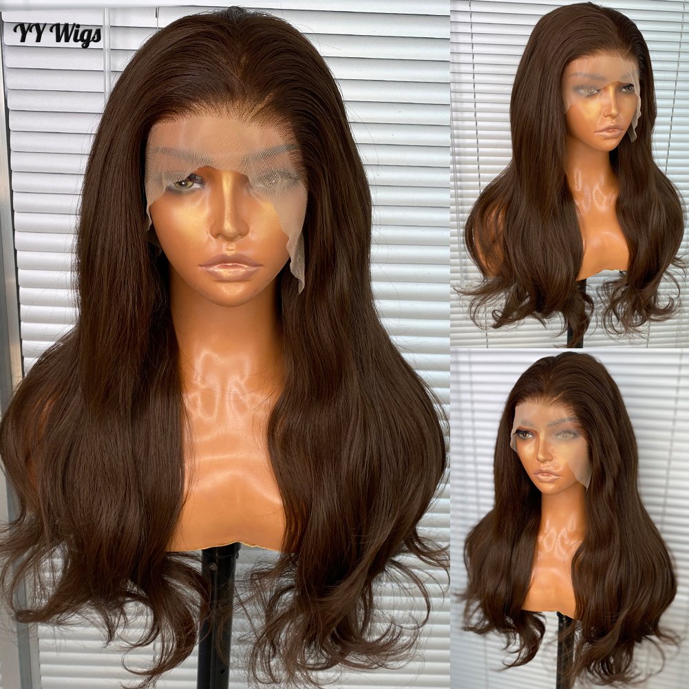 YYWigs Long 6# Brown Color Heat Resistant Fiber Synthetic Futura 13X6 Glueless Lace Front Wigs for Black Women 6inch Deep Part