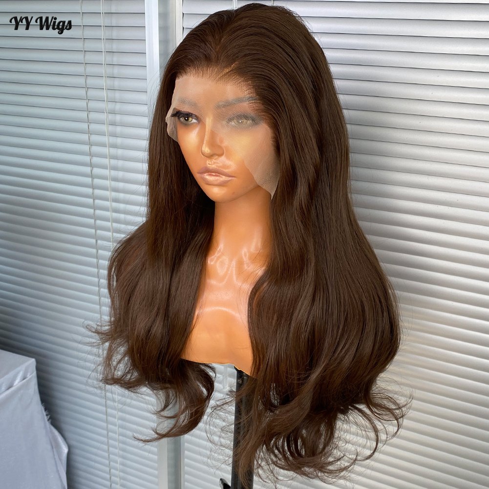 YYWigs Long 6# Brown Color Heat Resistant Fiber Synthetic Futura 13X6 Glueless Lace Front Wigs for Black Women 6inch Deep Part
