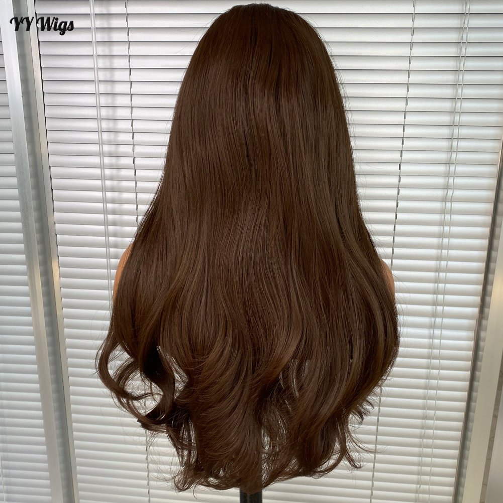 YYWigs Long 6# Brown Color Heat Resistant Fiber Synthetic Futura 13X6 Glueless Lace Front Wigs for Black Women 6inch Deep Part