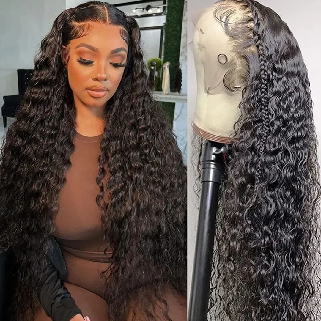 28 Inch Long Black Water Wave Curly Wigs, Right Side Parting Natural Looking Wigs for Women, Full Lace Frontal Human Hair Wigs