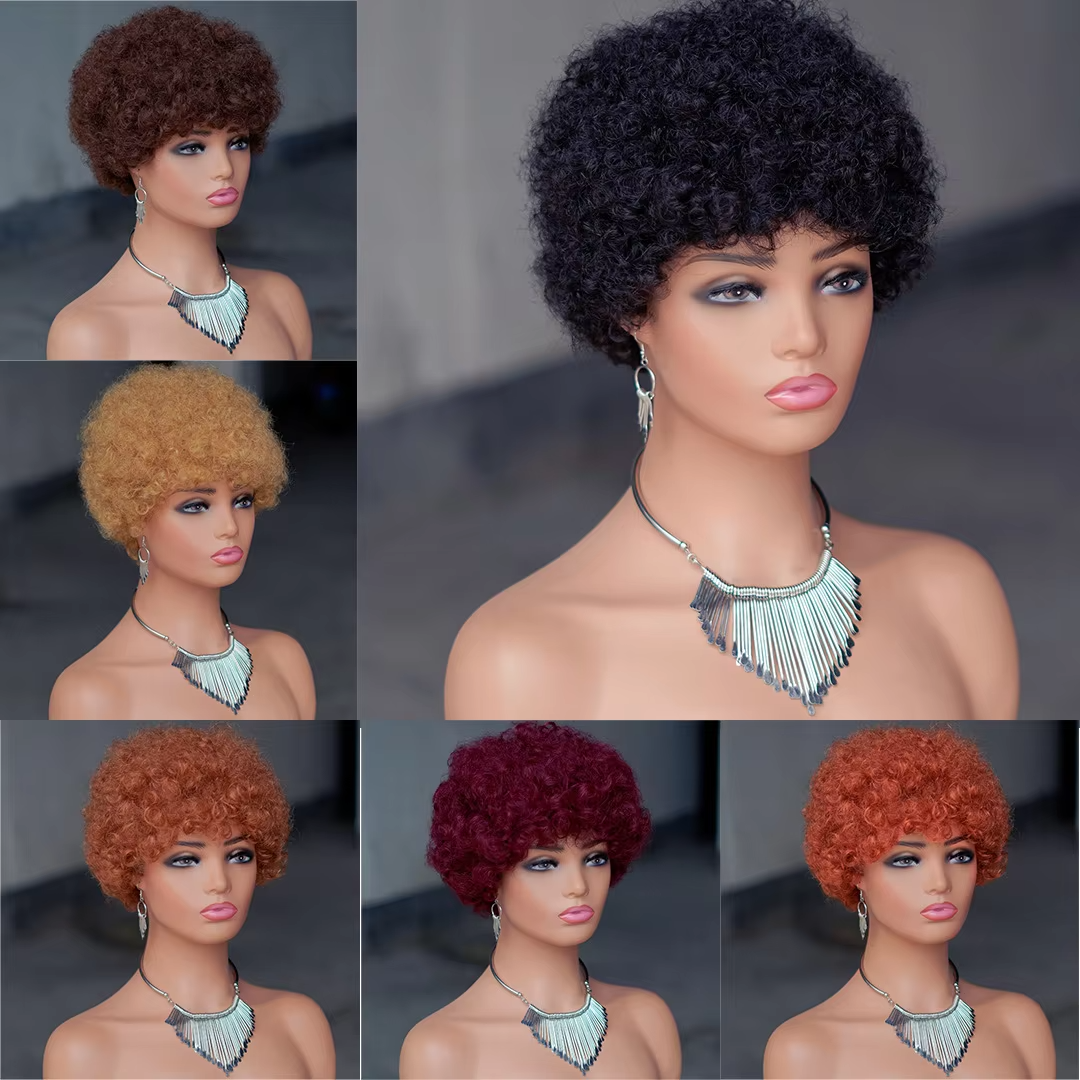 Wholesale Virgin Indian Hair Cuticle Aligned None Lace Afro Kinky Curly Short Pixie Cut 100% Human Hair Wigs for Black Women