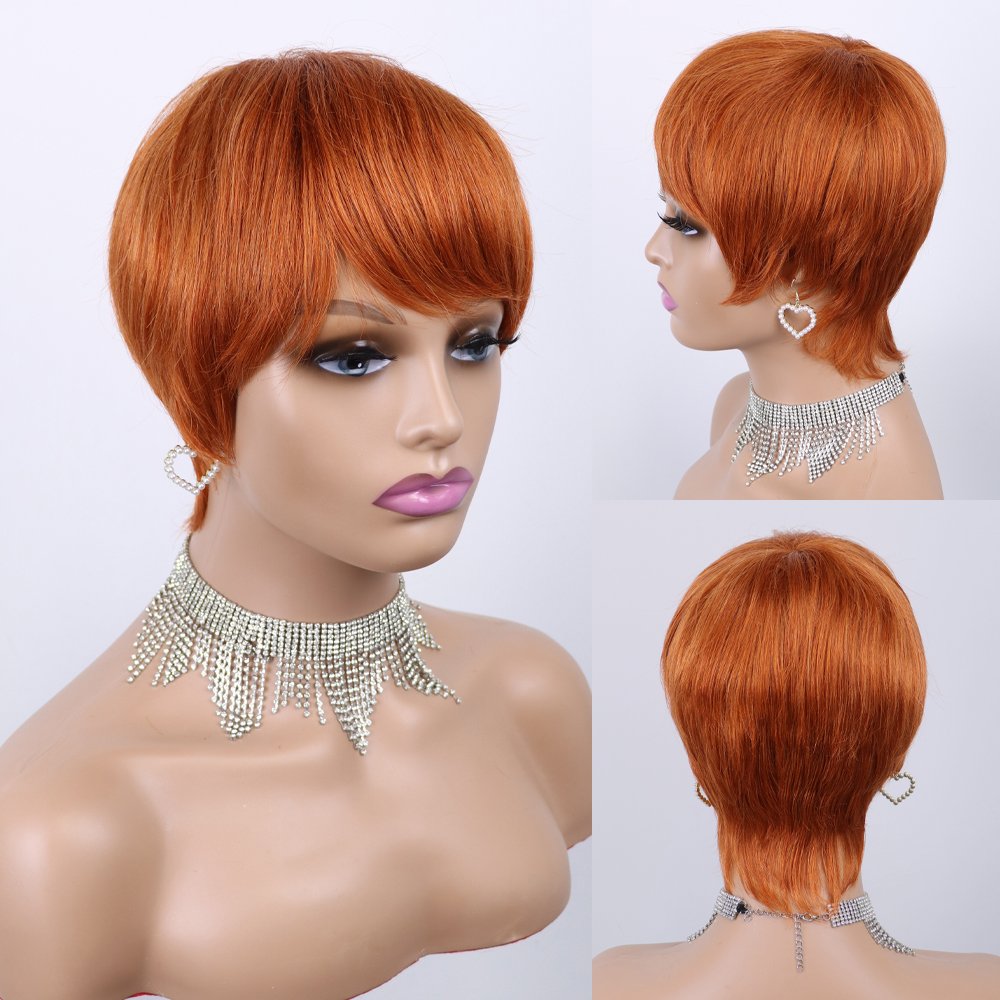 YL Machine Made Ginger Yellow Human Hair Wig for Women Long Curly Wavy Wigs with Bangs