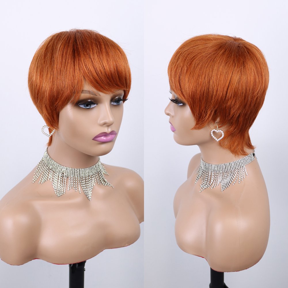YL Machine Made Ginger Yellow Human Hair Wig for Women Long Curly Wavy Wigs with Bangs