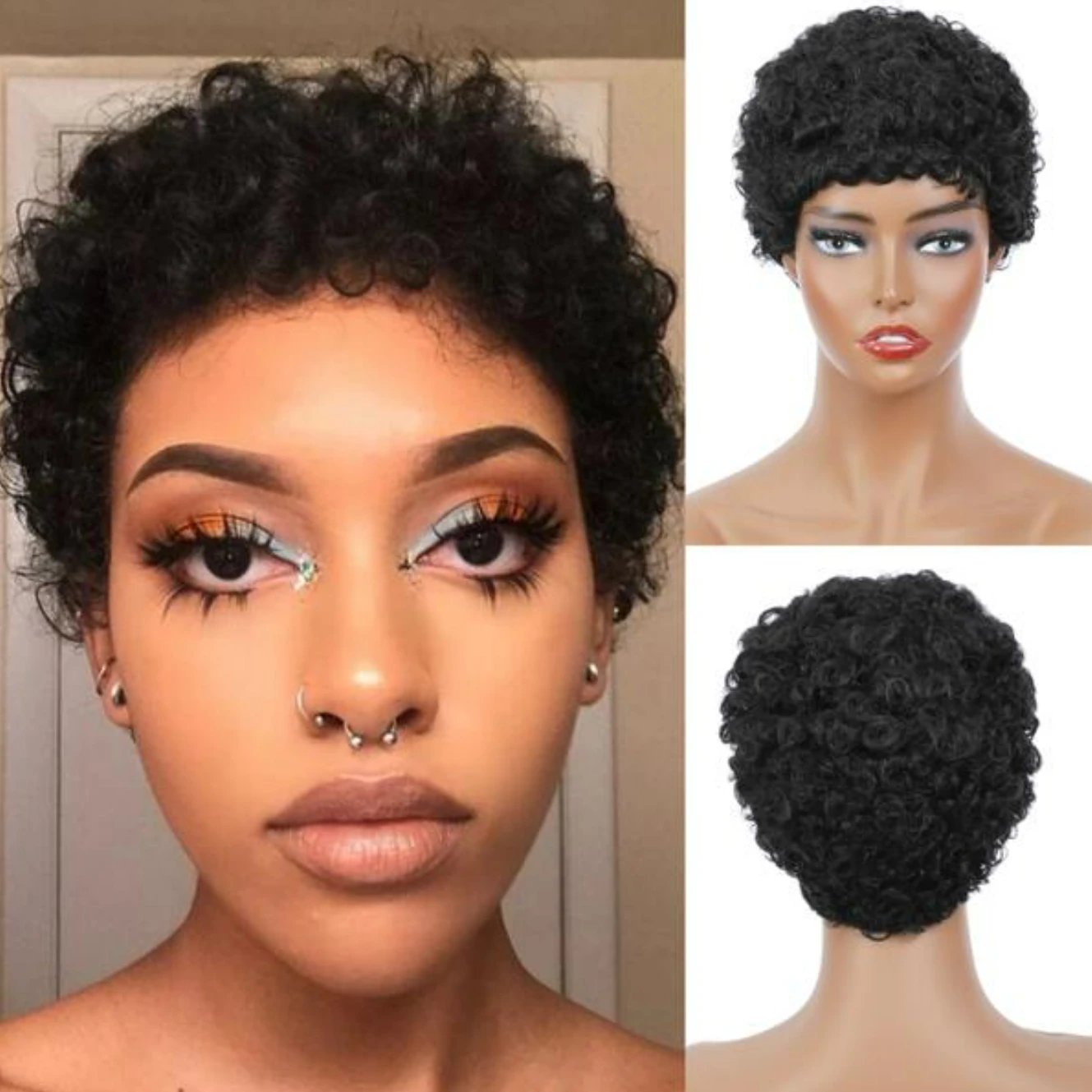 Short Pixie Cut Curly Human Hair Wigs For Women Hair Colored Curly Wigs Full Machine Made Wig