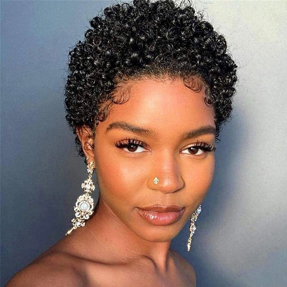 Short Pixie Cut Curly Human Hair Wigs For Women Hair Colored Curly Wigs Full Machine Made Wig