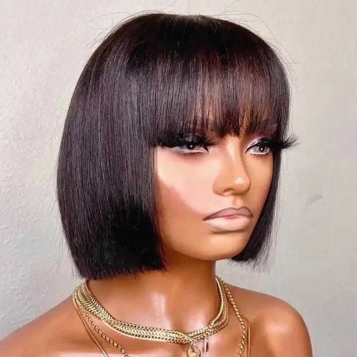 Glueless Brazilian Short Bob Wig With Bangs, Cheap Curly Human Hair Bang Wig No Lace Human Hair Wigs