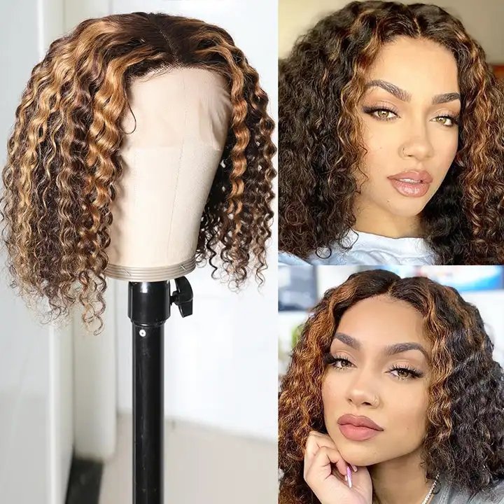 Wholesale HD bob Deep Wave Curly human hair Lace closure Front wig for black women Brazilian Human Hair wigs