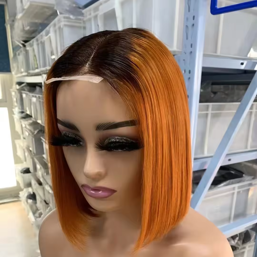 Super Double Drawn 2x6 Transparent HD Lace Closure Blunt Cut human hair wigs Vietnam Bone Straight P4/350 Color Bob Wig