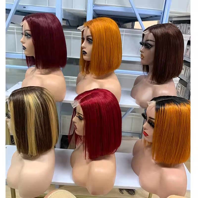 Super Double Drawn 2x6 Transparent HD Lace Closure Blunt Cut human hair wigs Vietnam Bone Straight P4/350 Color Bob Wig
