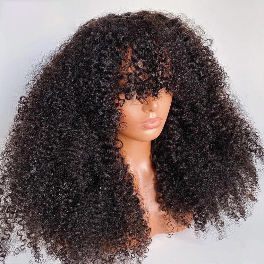 Natural Black Afro Kinky Curly Machine Wig With Bangs Brazilian Human Hair Glueless Fringe Wigs For Women