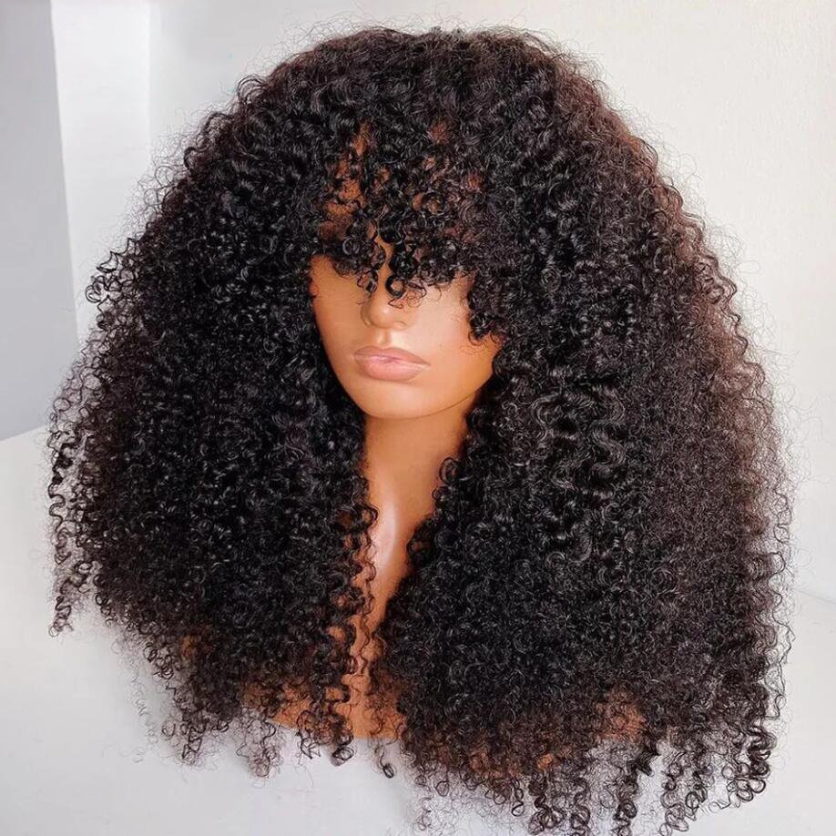 Natural Black Afro Kinky Curly Machine Wig With Bangs Brazilian Human Hair Glueless Fringe Wigs For Women
