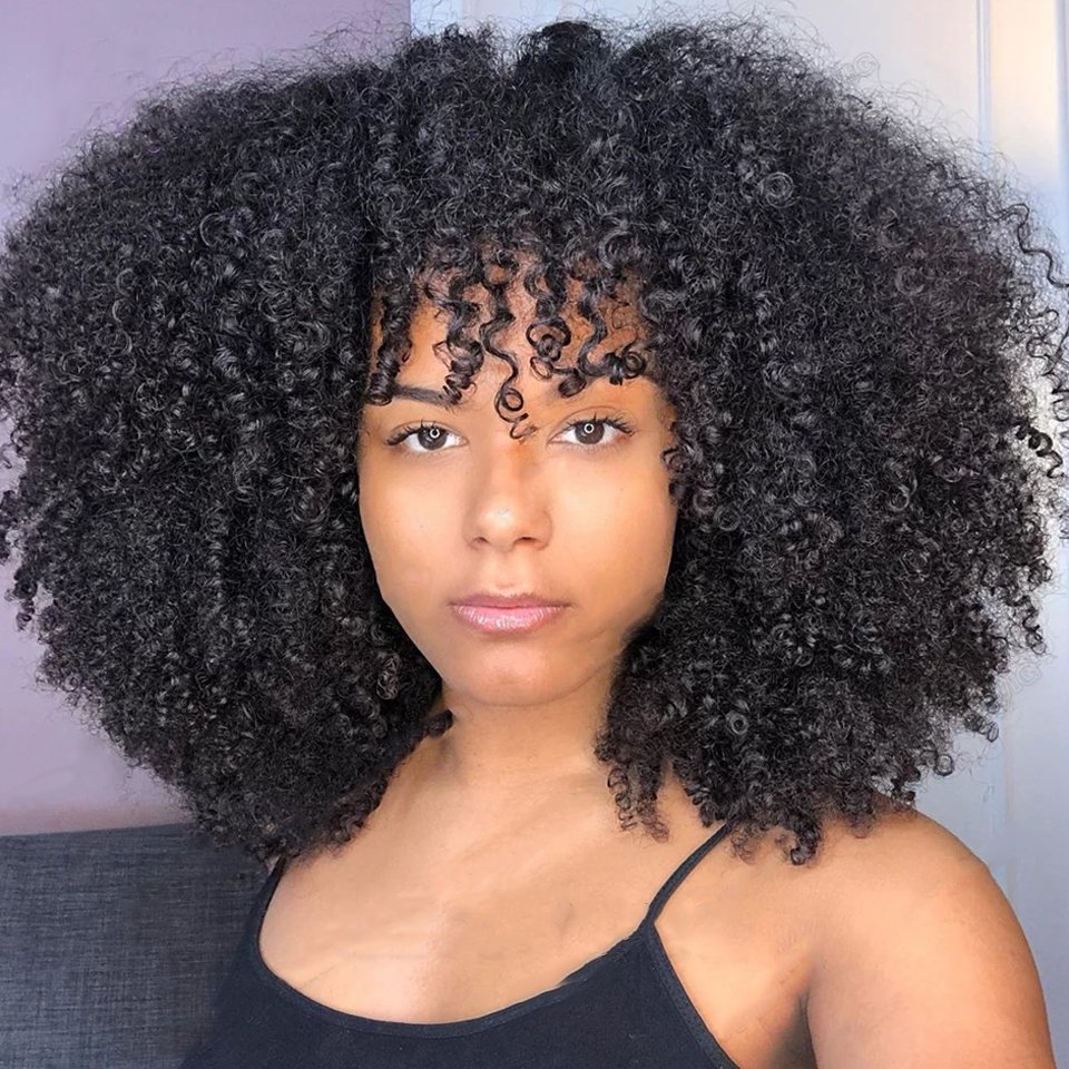 Natural Black Afro Kinky Curly Machine Wig With Bangs Brazilian Human Hair Glueless Fringe Wigs For Women