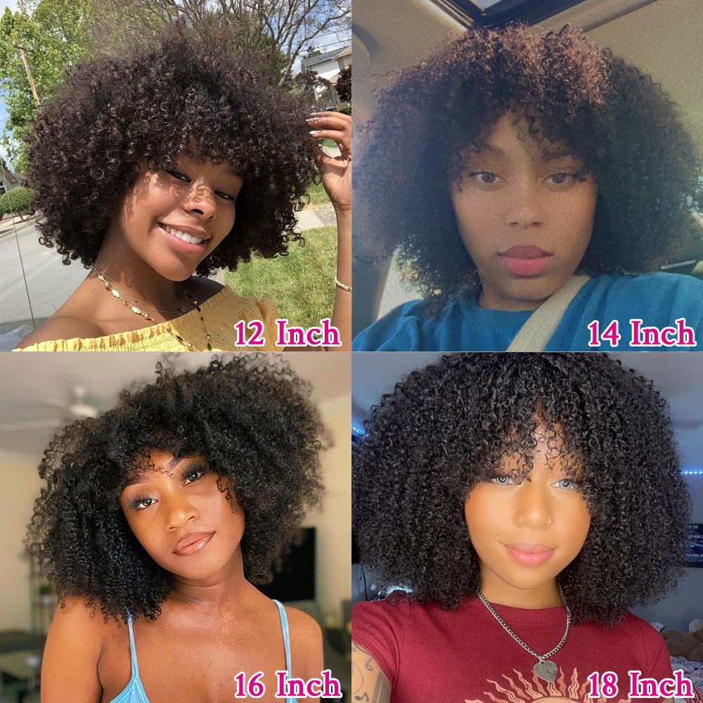 Natural Black Afro Kinky Curly Machine Wig With Bangs Brazilian Human Hair Glueless Fringe Wigs For Women