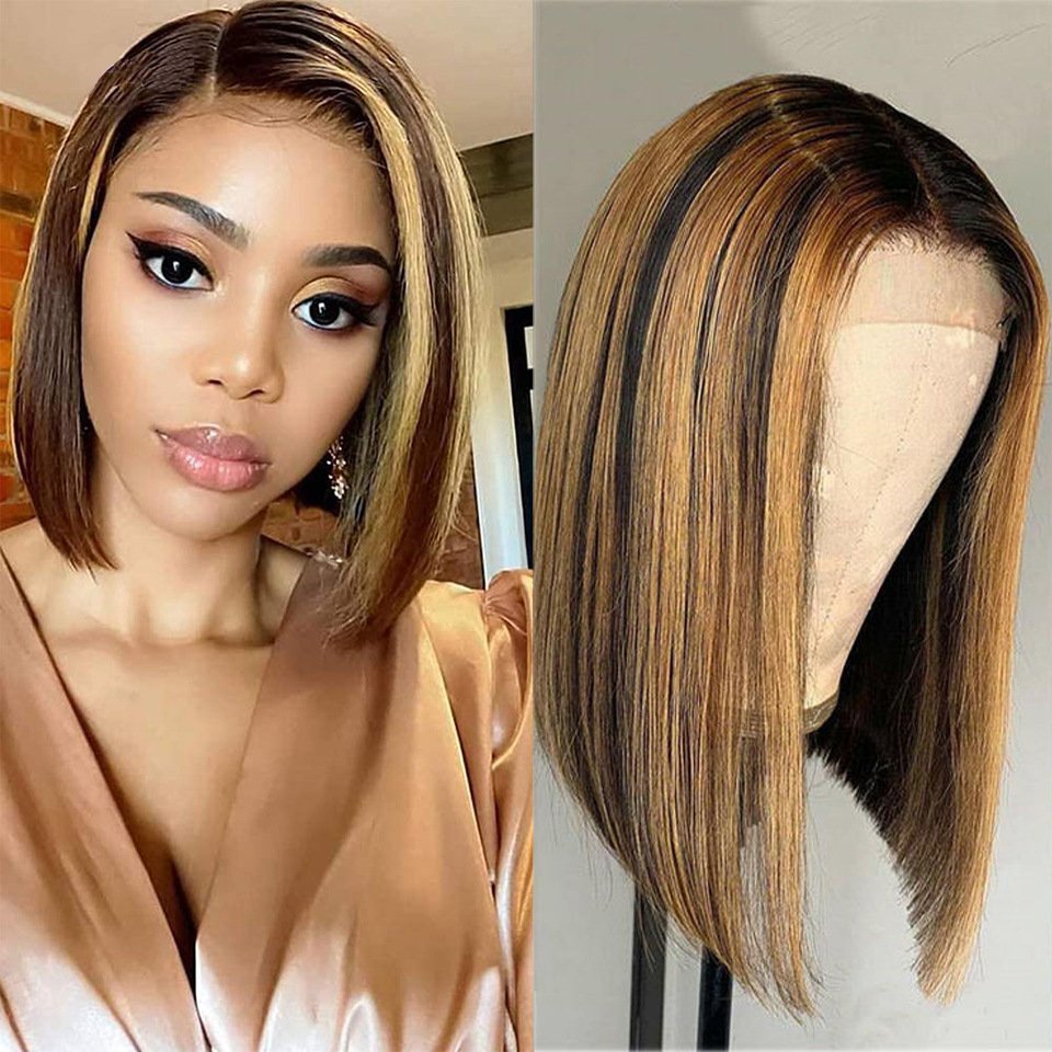 Human Hair Wig Female Medium Dyed Brown Golden Short Hair Wigs Highlight Bob Wig with Bangs for Women