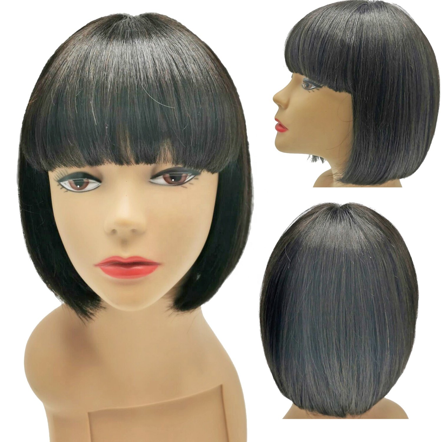 XMH Short Bob Wig With Bangs for Women 10" Platinum Ash Blonde/Brown/Black Straight Real Human Hair Wigs Glueless None Lace Wig