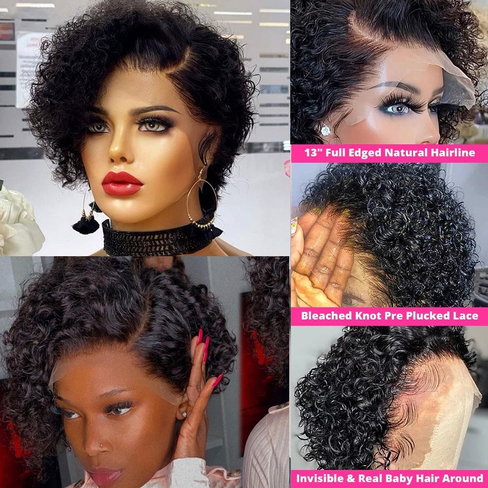 180% Density Short Bob Curly Pre Plucked 13x4 Lace Front Wigs Human Hair Bob Wig Human Hair 13x4 Frontal Lace Pixie Cut Wig