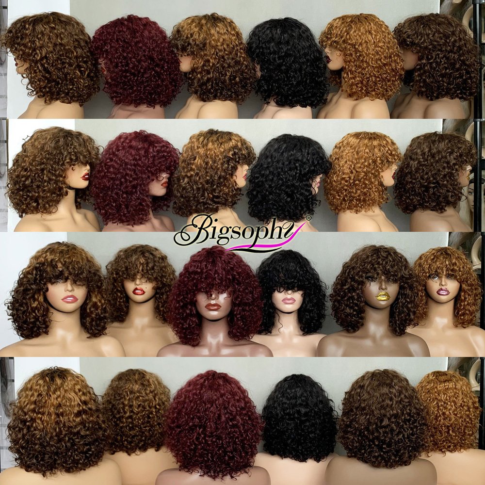 Glueless Brazilian Short Bob Wig With Bangs, Bang Luxury Curly Wig, Cheap Curly Human Hair Bang Wig Non Lace Human Hair Wigs