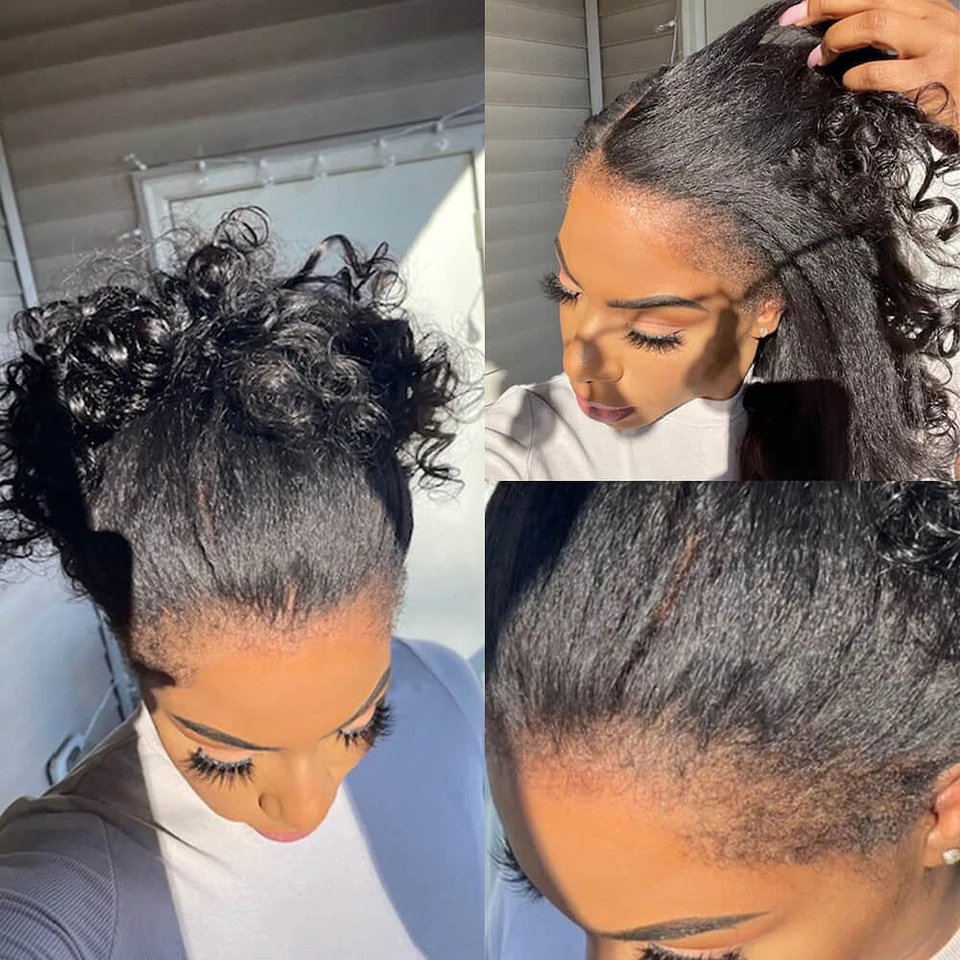 New 4C Textured Hairline Wigs Curly Baby Hair Natural Edges Skin Melt HD Lace Frontal Wigs Kinky Yaki Straight Human Hair Wigs