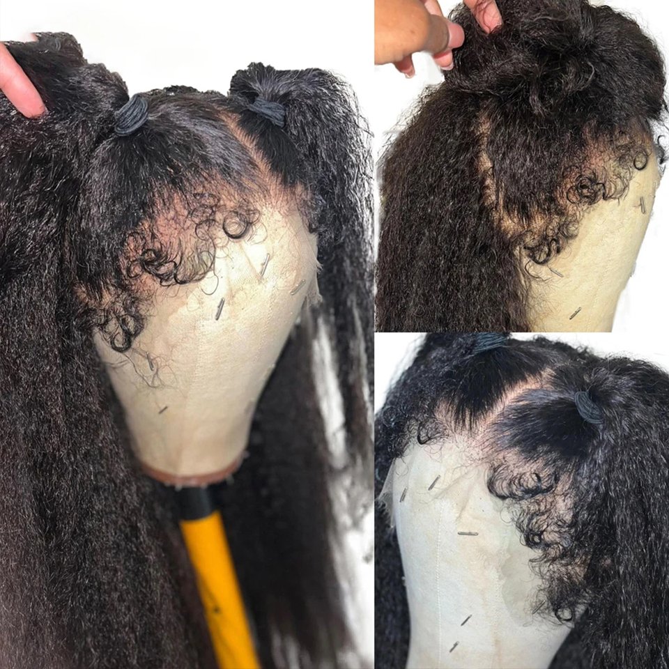 New 4C Textured Hairline Wigs Curly Baby Hair Natural Edges Skin Melt HD Lace Frontal Wigs Kinky Yaki Straight Human Hair Wigs