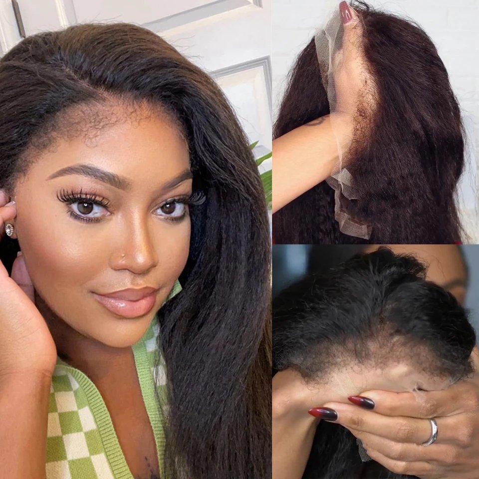 New 4C Textured Hairline Wigs Curly Baby Hair Natural Edges Skin Melt HD Lace Frontal Wigs Kinky Yaki Straight Human Hair Wigs