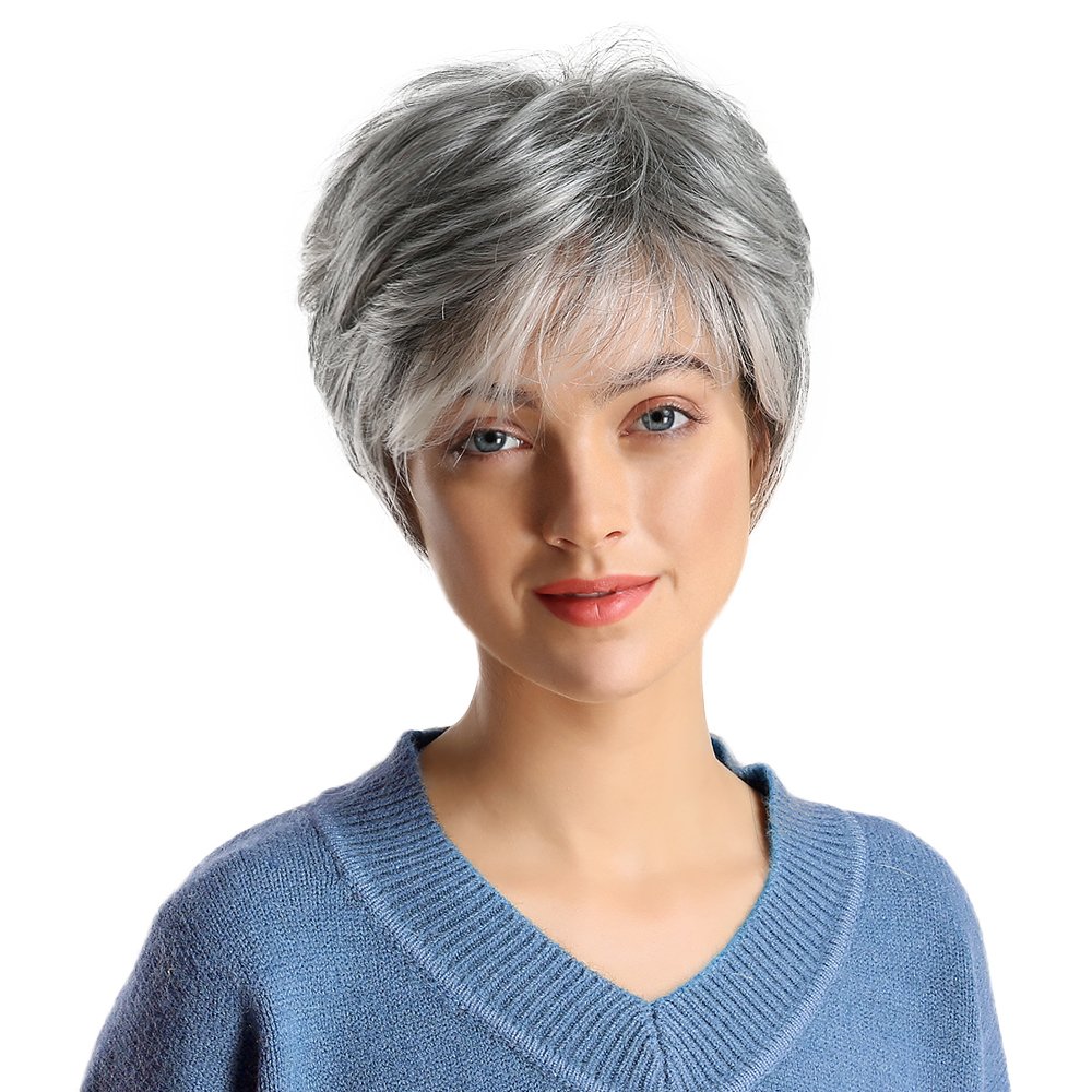 Ready to Ship Pixie Cut Short Gray Blend Human Hair Wigs for White Women Cosplay Daily Party