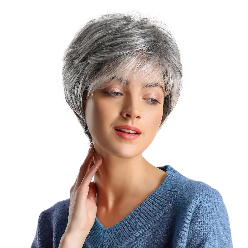 Ready to Ship Pixie Cut Short Gray Blend Human Hair Wigs for White Women Cosplay Daily Party