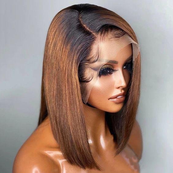 Short Ombre Bob Wig With Baby Hair,Straight 1b 30#27# 13x4 Lace Front Bob Wig,Human Hair Wigs For Women Highlight Wigs