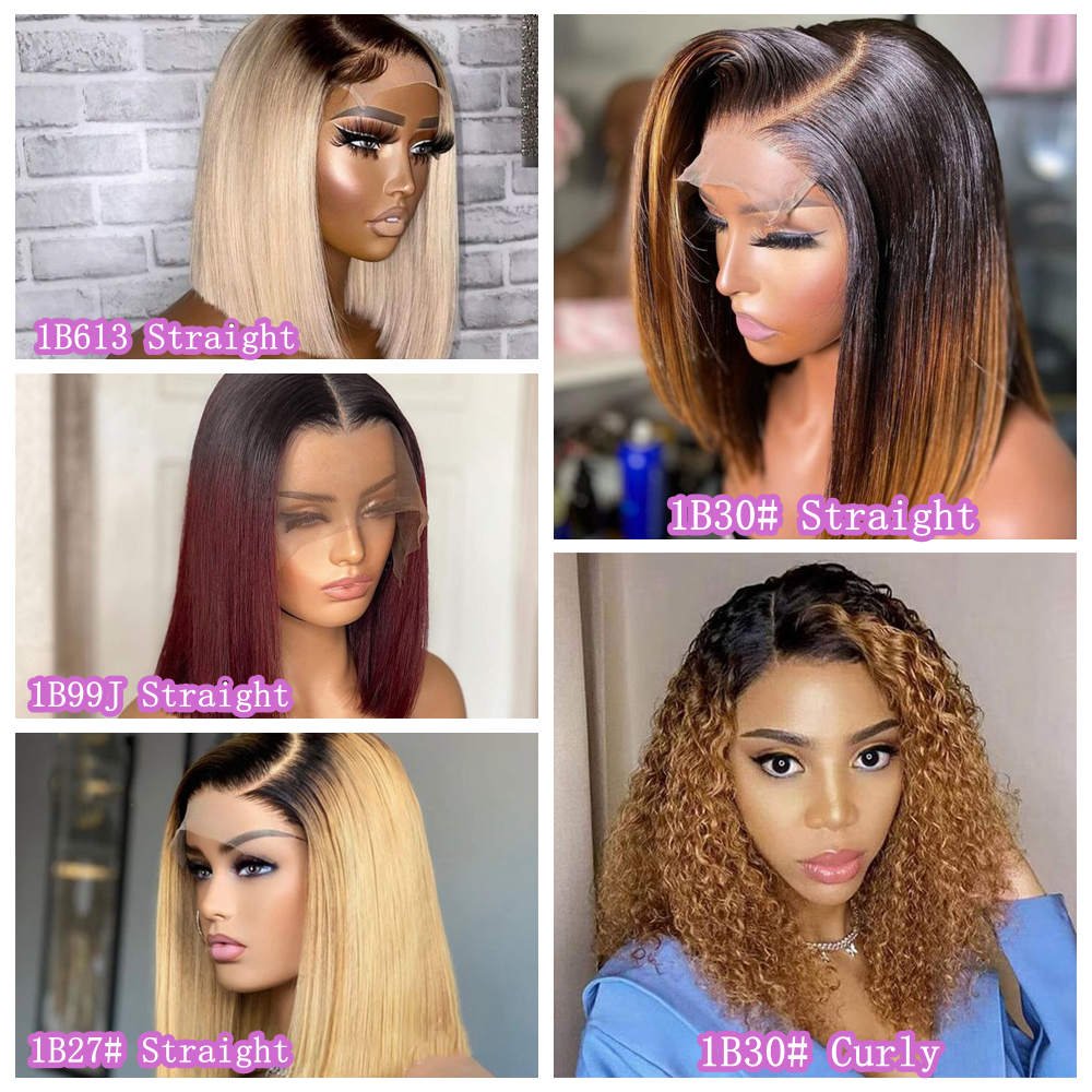 Short Ombre Bob Wig With Baby Hair,Straight 1b 30#27# 13x4 Lace Front Bob Wig,Human Hair Wigs For Women Highlight Wigs