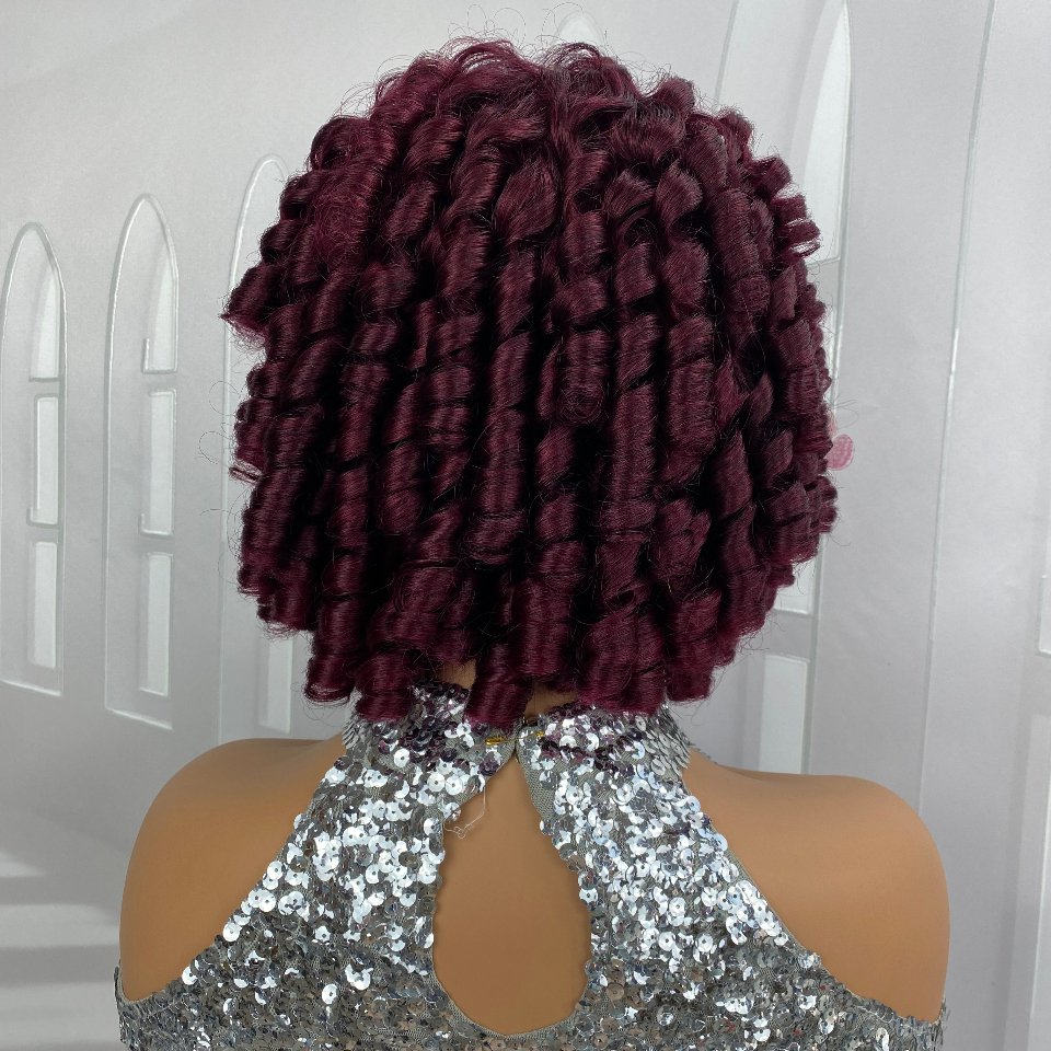 Brazilian Short Glueless 200% Densisty Full Machine Made Burgundy 99J# Fumi Rose Curly Human Hair Wig With Bangs For Black Women