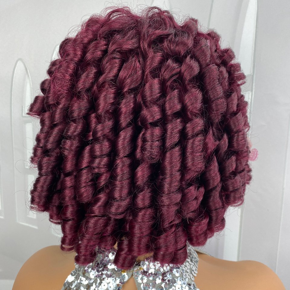 Brazilian Short Glueless 200% Densisty Full Machine Made Burgundy 99J# Fumi Rose Curly Human Hair Wig With Bangs For Black Women