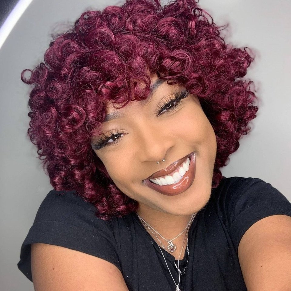 Brazilian Short Glueless 200% Densisty Full Machine Made Burgundy 99J# Fumi Rose Curly Human Hair Wig With Bangs For Black Women