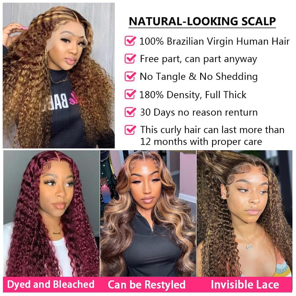 Highlight Deep Wave Ombre Lace Front Wig Glueless HD Lace Frontal Curly Human Hair Wigs for Black Women
