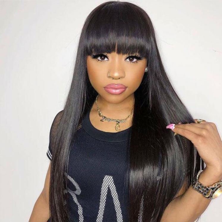 ISWEET 180% Density Brazilian Straight Human Hair Wigs Remy Full Machine Made Human Hair Wigs With Fringe For Black Women