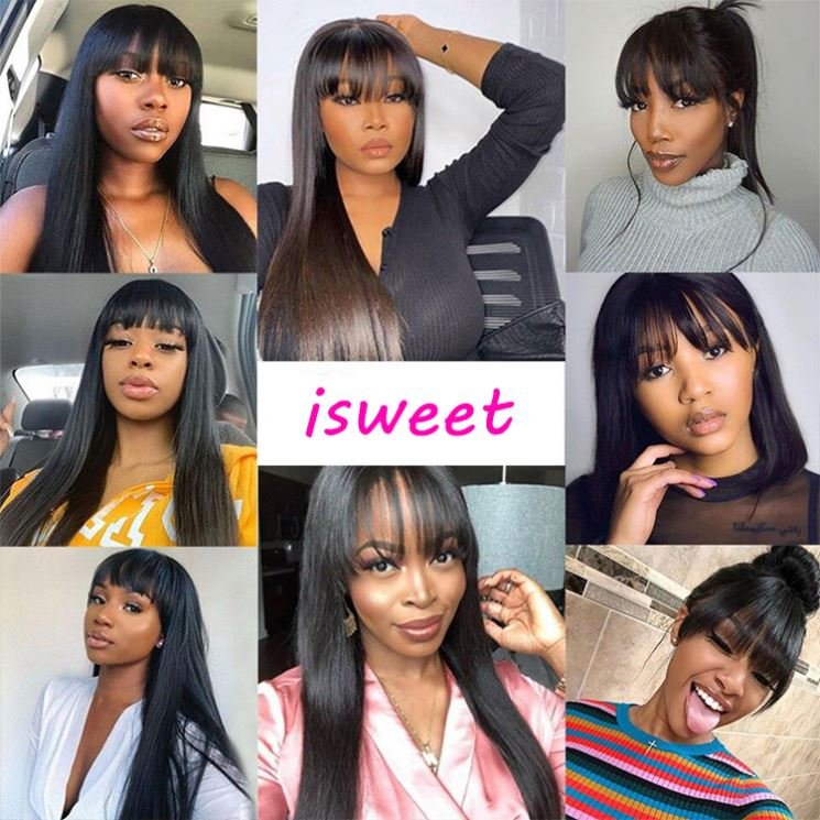 ISWEET 180% Density Brazilian Straight Human Hair Wigs Remy Full Machine Made Human Hair Wigs With Fringe For Black Women