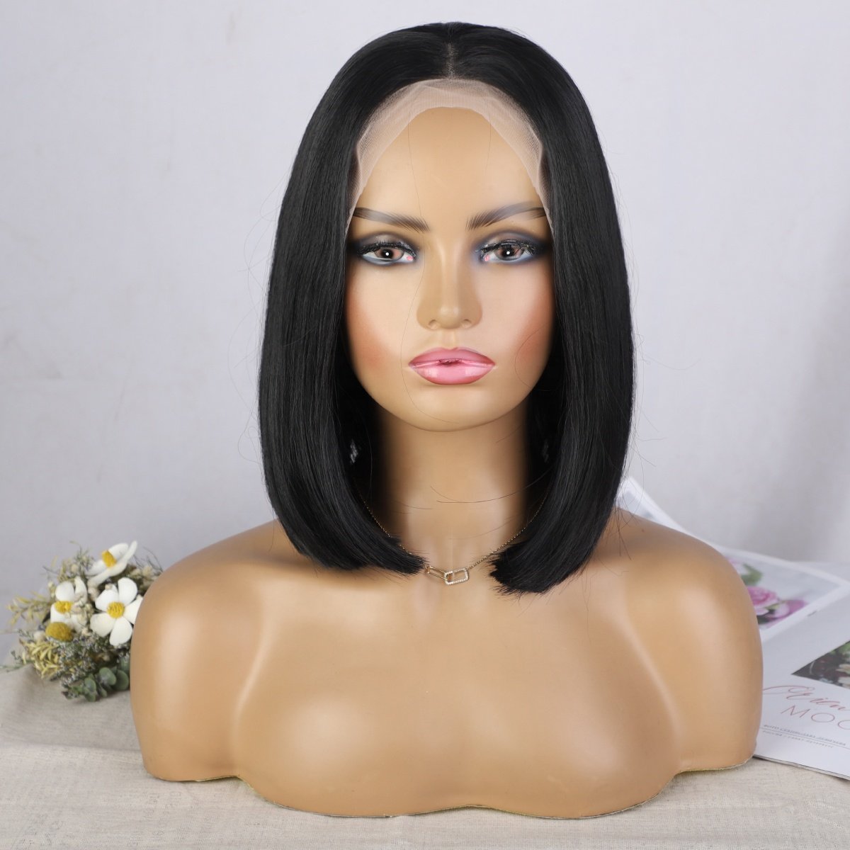 Short Straight Bob 13x4 Lace Front Wig for Black Women 12 inch Glueless Heat Resistant Synthetic Wig for Daily Party Cosplay Use