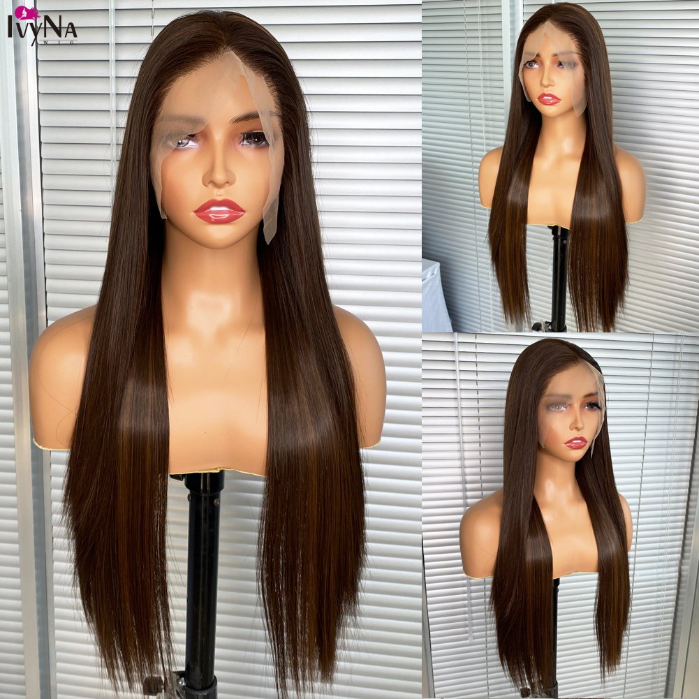 Long 4/30 Futura 13x6 Straight Glueless Synthetic Lace Front Wigs for Black Women Highlights Heat Resistant Half Hand Tied Wig