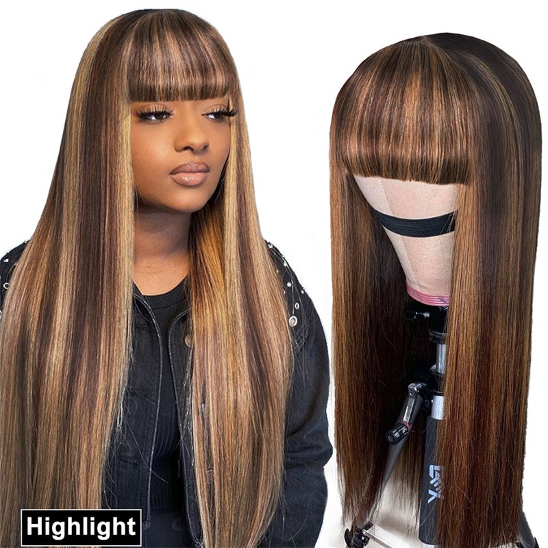 Hot Selling Highlight Glueless Wigs 100% Raw Vietnamese Hair Vendors Body Wave Human Hair Wig With Bangs for Black Women