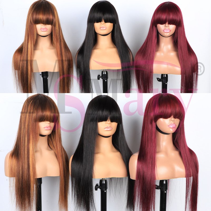 Hot Selling Highlight Glueless Wigs 100% Raw Vietnamese Hair Vendors Body Wave Human Hair Wig With Bangs for Black Women