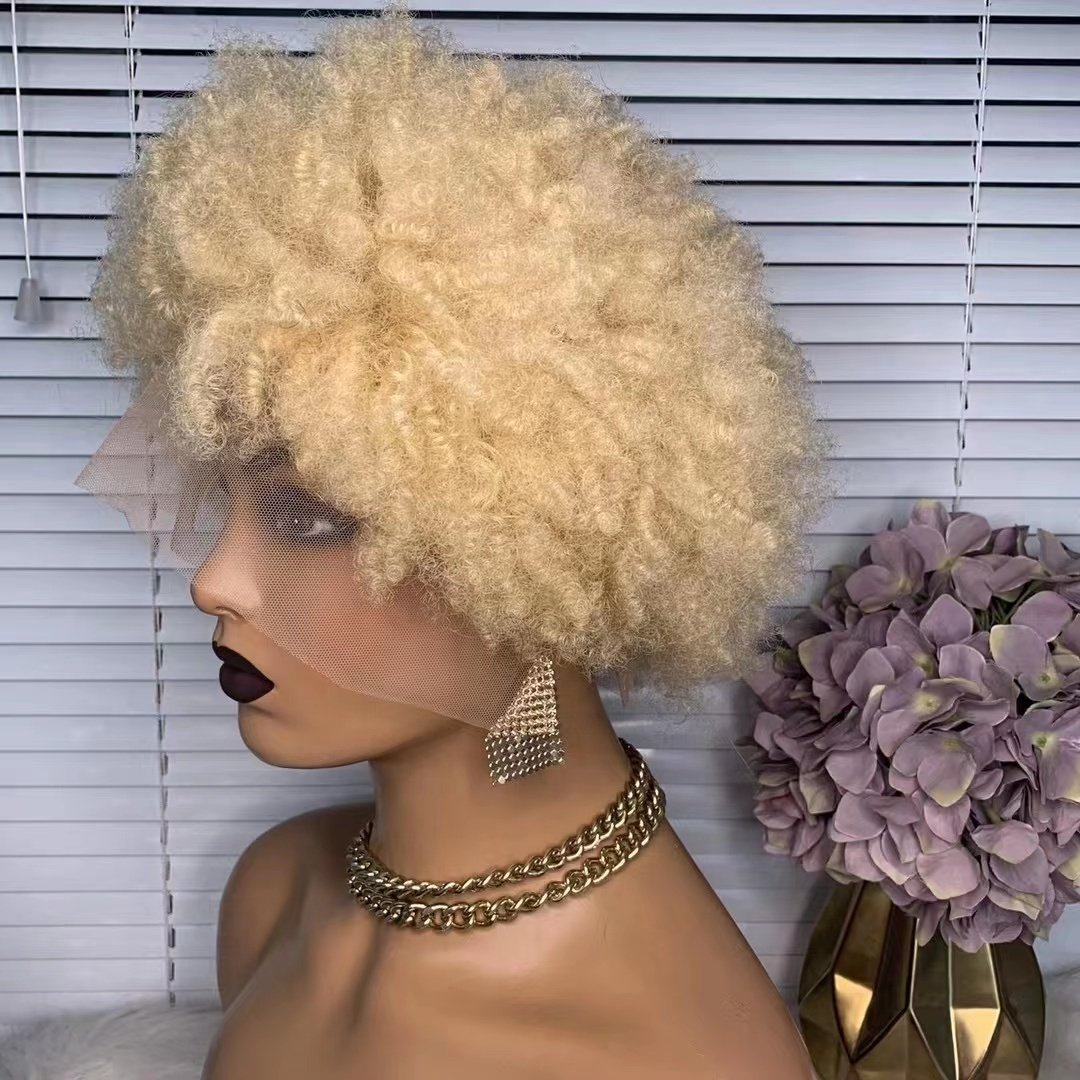 ON SALE 613# blonde bomb afro kinky curly 13x3 lace frontal wigs perruque human hair short pixie cut wig for black women