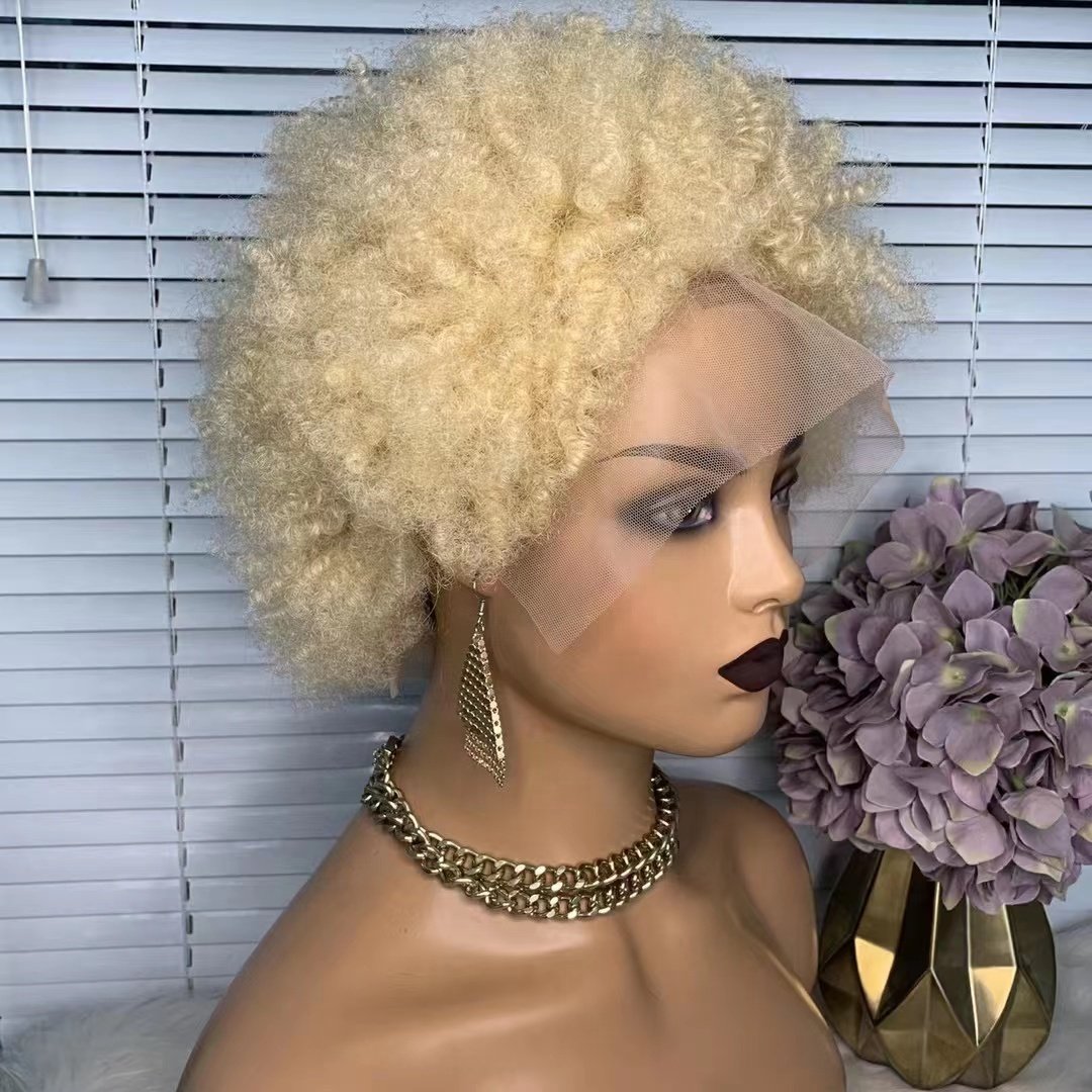 ON SALE 613# blonde bomb afro kinky curly 13x3 lace frontal wigs perruque human hair short pixie cut wig for black women