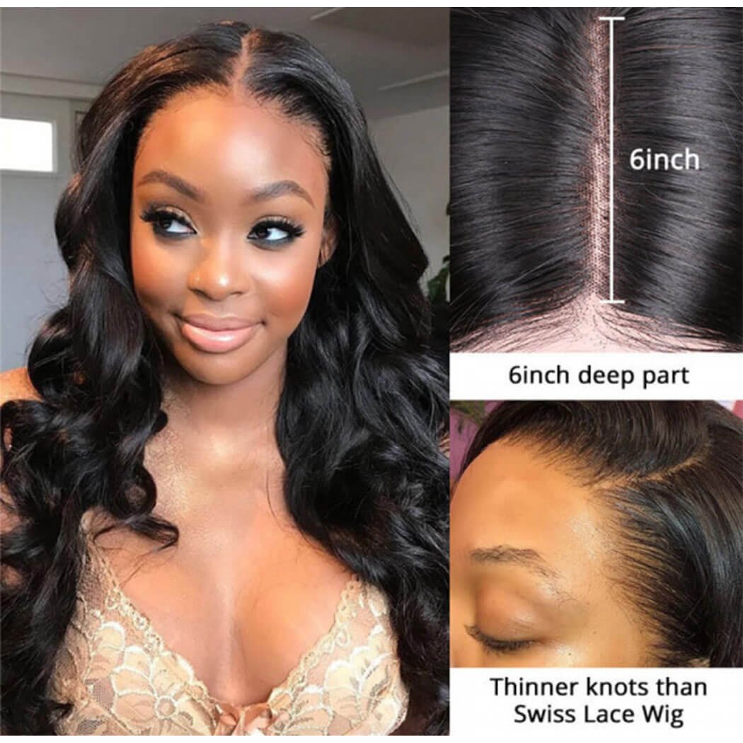 T Part Human Hair Lace Wig,Long Straight Side T Part Human Hair Wig,Middle Water Wave Body Wave 150% Density