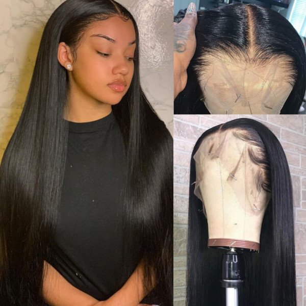 T Part Human Hair Lace Wig,Long Straight Side T Part Human Hair Wig,Middle Water Wave Body Wave 150% Density