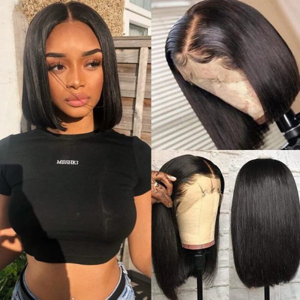Wholesale Glueless Peruvian Bob Wigs,Bone Straight Human Hair Wig T Part,10-14 Inch Straight T-part Bob Wig