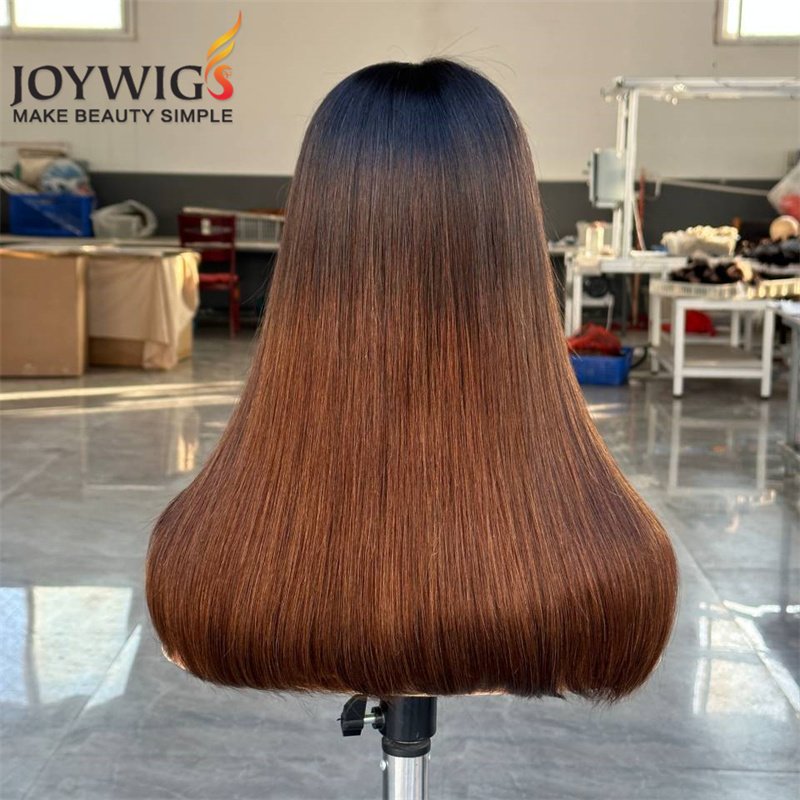 14in Remy Brazilian Hair Ombre Color Bob Wig Middle Part Natural HD Lace Transparent Lace Tangle-Free Straight Style Black Women