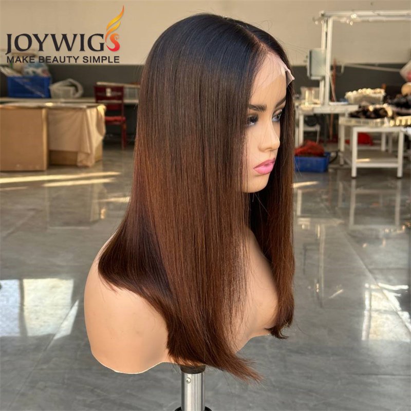 14in Remy Brazilian Hair Ombre Color Bob Wig Middle Part Natural HD Lace Transparent Lace Tangle-Free Straight Style Black Women