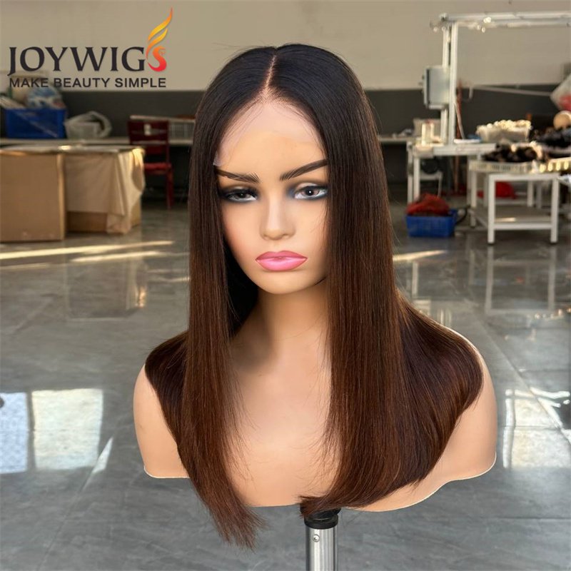 14in Remy Brazilian Hair Ombre Color Bob Wig Middle Part Natural HD Lace Transparent Lace Tangle-Free Straight Style Black Women