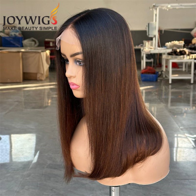 14in Remy Brazilian Hair Ombre Color Bob Wig Middle Part Natural HD Lace Transparent Lace Tangle-Free Straight Style Black Women